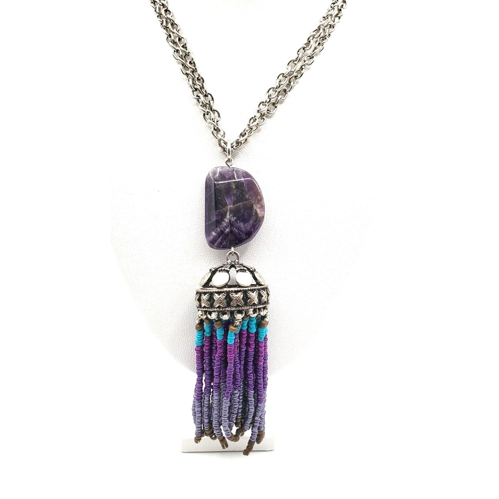 Vintage Chico's Purple Beaded Tassel Pendant Necklace Silver Tone 44"